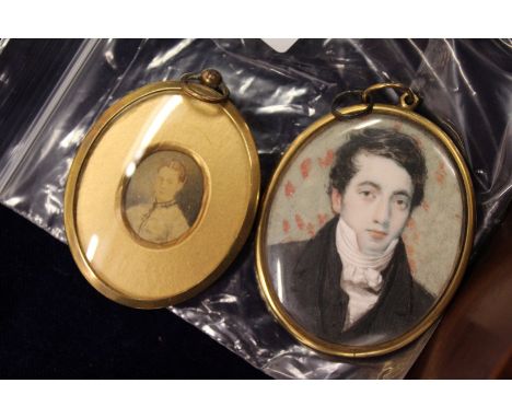 A portrait miniature of a young gentleman with hair back and another portrait miniature.