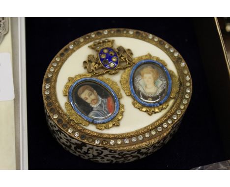 A decorative gilt metal and enamel box with portrait miniature cover (lacking inset stones).