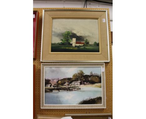 A study of a church in a field, oil on board, together with a print.
