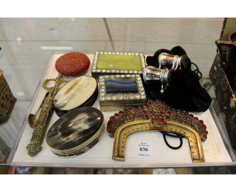 Miscellaneous collectables to include two horn snuff boxes, a cinnabar lacquer box and cover, opera glasses etc.