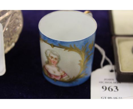 A small Sevres coffee can painted with a female portrait bust.