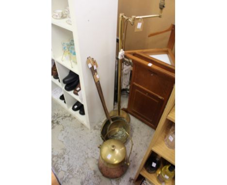 Copper and brass ware and a floor standing lamp.