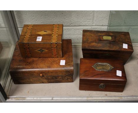 Four various 19th century and later boxes to include a mahogany sarcophagus shaped tea caddy converted to a jewellery box .