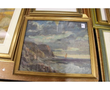 An impressionist oil painting of a seascape.