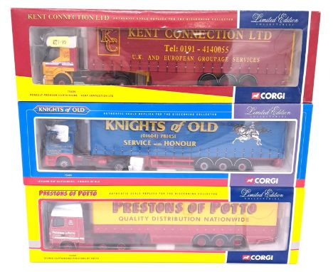 Corgi a boxed 1/50th scale Truck group to include 75405 Leyland DAF Curtainside "Knights Of Old", 75604 Renault Premium Curta