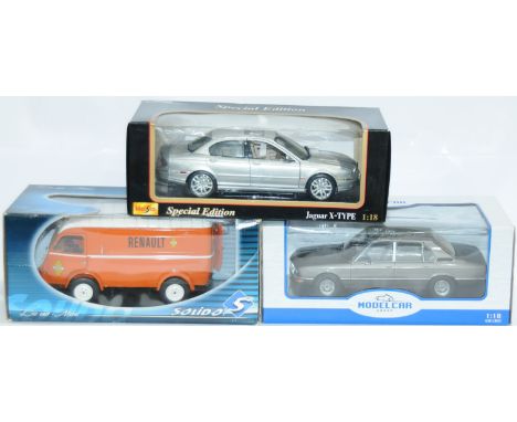 Maisto, Modelcar Group &amp; Solido a boxed 1:18 Scale group comprising of Maisto Jaguar X-type, Solido Renault Van and Model