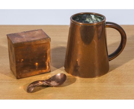 A copper tea caddy and spoon together with a tankard