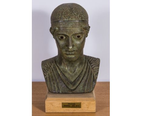 A replica portrait head of the famous charioteer of Delphi which was discovered in 1896 at the sanctuary of Apollo in Delphi.
