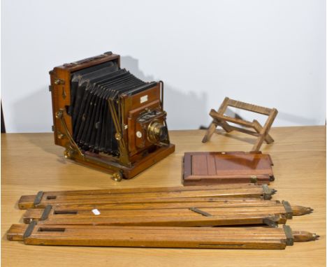 Vintage Sandersons 'Regular' wood and brass plate camera together with tripod and plate drying rack