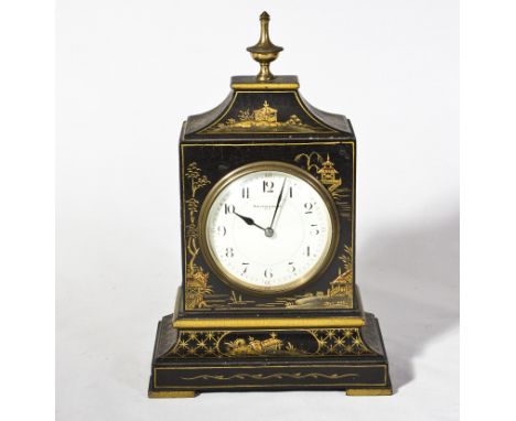 A Japanned lacquered mantle clock, Hamilton & Inches, Paris. 26cm tall