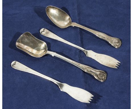 Two silver melon forks Birmingham 1926/27 makers mark D&H together with a silver caddy spoon Edinburgh 1860 maker JW and a si