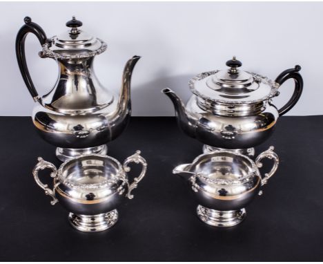 A silver plated coffee pot, teapot, sugar and cream