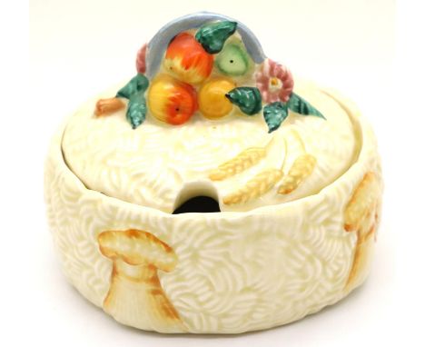 Lidded Clarice Cliff Celtic Harvest pot, H: 9 cm. P&amp;P Group 2 (£18+VAT for the first lot and £3+VAT for subsequent lots) 