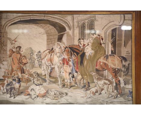 19thC Berlin woolwork tapestry depicting the young courting Queen Victoria and Prince Albert, in period rosewood frame, overa