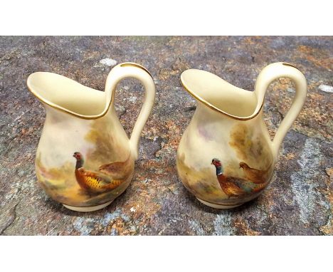 A pair of Royal Worcester miniature ewers, painted by Jas. Stinton, signed, with pheasants, 5.5cm high, crown and circle mark