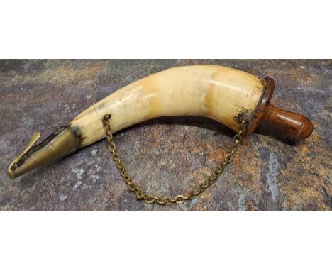 A early 19th century horn powder flask, for priming a cannon, wooden bung with screw thread, suspension chain, brass spout wi