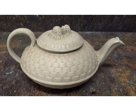 A Staffordshire saltglaze basketweae teapot and cover, wheatsheaf finial, 10cm high, c.1810 