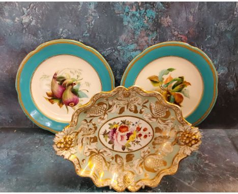 A Ridgway navette shaped dish, painted with summer flowers, within an oval, the ground with foliage and berries, the handles 