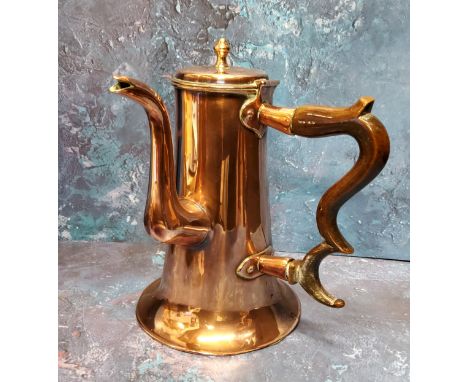 A George III copper coffee pot, hinged cover, knop finial, S-shaped spout, turned fruitwood handle, skirted base, 25cm high, 