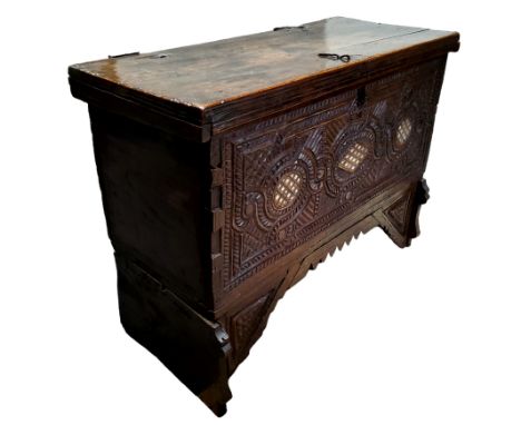 An unusual 17th century solid walnut, Syrian or Middle Eastern mother of pearl inlaid wooden wedding or dowry chest. The trun