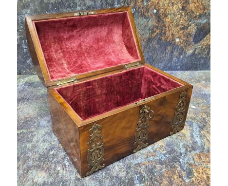 A Victorian burr walnut domed rectangular tea caddy, the cover and front applied with pierced and engraved cut card work, the