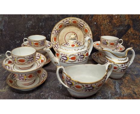 A Copeland and Garrett tea service, pattern 510, comprising teapot and cover, sucrier, six cups and saucers, bread and butter