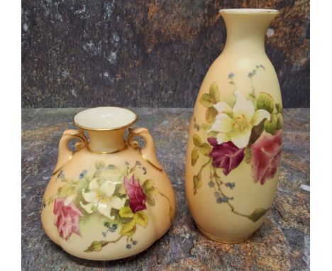 A Royal Worcester two-handled lobed ovoid vase, printed and painted with summer flowers on a blush ivory ground, 9cm high, cr