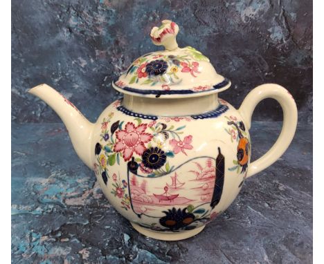 A very rare Worcester globular teapot and cover,&nbsp; painted in puce with a landscape within a scroll surrounded by flowers