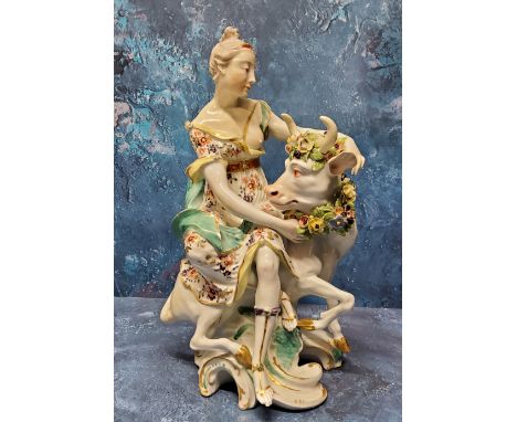 A large Derby Patch Mark mythological figure,&nbsp; Europa and the Bull, she sits on the back of bovine&nbsp; Zeus, placing a