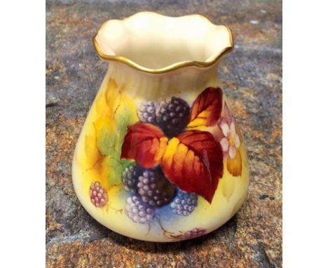 A Royal Worcester vase, pie crust rim, painted by K. Blake, signed, with blackberries&nbsp;and leaves, 9cm high,&nbsp; printe