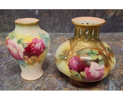 A Royal Worcester baluster vase, painted by M. Hunt, signed, with roses and foliage, 11cm high,&nbsp; printed mark in black, 