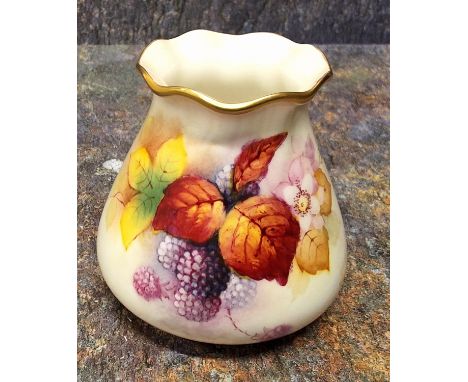 A Royal Worcester vase, pie crust rim, painted by K. Blake, signed, with autumn leaves and berries, printed mark in black, da