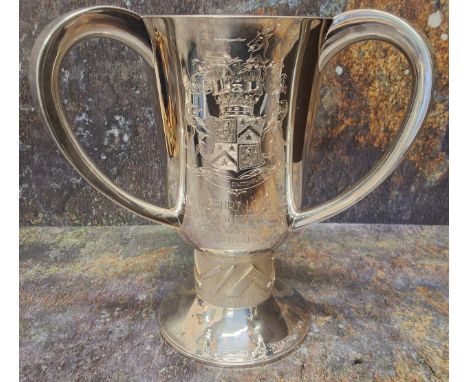 Masonic Interest&nbsp; - a silver three handled loving cup/tyg, engraved with crest of Shrewsbury Lodge, inscribed In Memory 