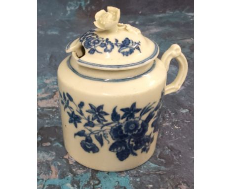 A Caughley Three Flowers pattern wet mustard pot and cover,&nbsp; tram line borders, flower finial, 10cm high, C mark, Grice 