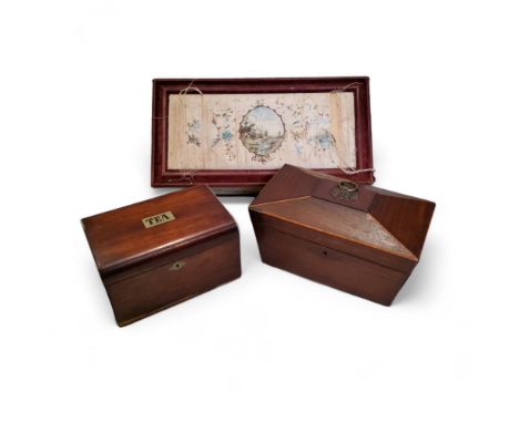 A 19th century sarcophagus mahogany and satinwood strung tea caddy, 20cm high, 27cm wide, c.1860; a 19th century mahogany tea