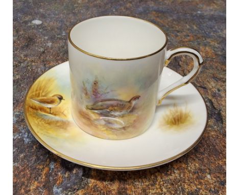 A Royal Worcester coffee can and saucer, painted by P. Platts, signed, with Ptarmigan&nbsp;and Golden Plover, printed marks, 