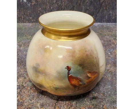 A Royal Worcester lobed ovoid vase, painted by Jas Stinton, signed, with a brace of pheasants, 8cm high, printed mark in puce