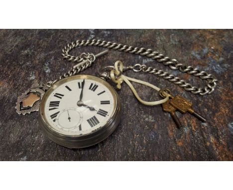 A silver fusee open faced pocket watch, white enamel dial, Roman dials, subsidiary second dial, two keys, silver Albert and f