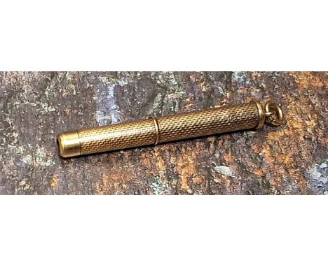 A 9ct gold tooth pick, engine turned, with jump ring, 7.5cm long open, 6g 