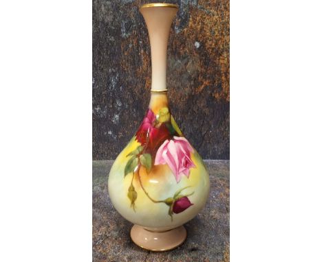 A Royal Worcester teardrop shape bottle vase, painted by E. J. Bray,&nbsp;signed, with Hadley style roses, 21cm high, date co