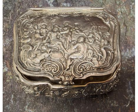 A Dutch silver cartouche shaped table snuff box, the cover embossed with figures bathing, the sides with cherubs and scrolls,