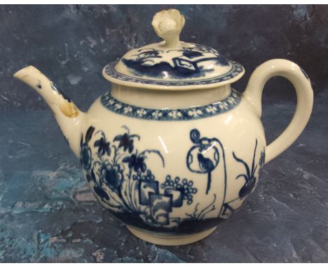 A Worcester globular Bird in a Ring pattern globular teapot and cover, decorated in underglazed blue, flower finial, 17cm hig