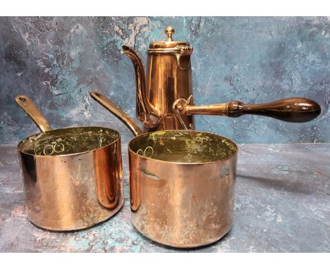 A 19th century copper coffee pot, hinged cover, brass knop finial, S-shaped spout, turned fruitwood handle terminating in a h