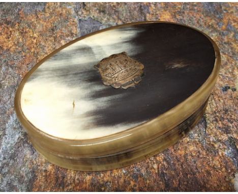 A 19th Scottish silver mounted horn snuff box, applied with Arms of Kirkwall, Orkney, 9.5cm wide, c.1870 