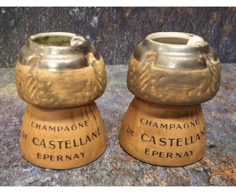 Advertising - two French ceramic ashtrays, for De Castellane Champagne, Epernay, in the form of a champagne cork, 10cm high, 