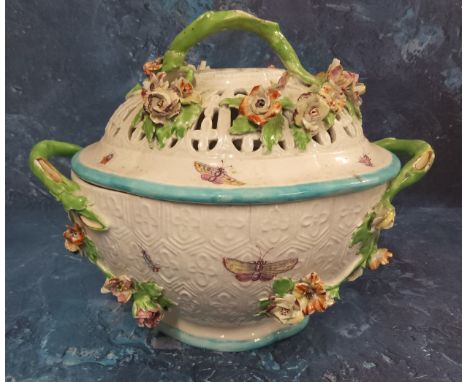 A Derby Patch Mark basket weave tureen and cover, encrusted with flowers and painted with insects, 22cm wide, c.1758-65 (chip