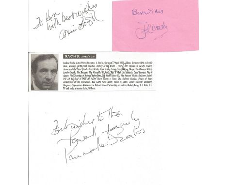 Fawlty Towers signed collection. Cards, small piece signed John Cleese, Andrew Sachs, Connie Booth, Prunella Scales. Good con