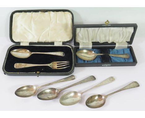 A Cased Sheffield Silver Christening Fork and Spoon Set, one other cased silver spoon and four teaspoons 133g 