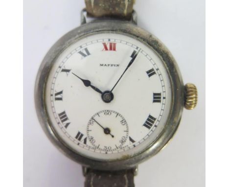A Mappin Silver Cased Trench Watch, the 35mm case with enamel dial, Roman numerals and subsidiary seconds hand, running 