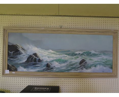 Peter Coslett, Stormy Seascape, acrylic on board, 100x36cm, framed 